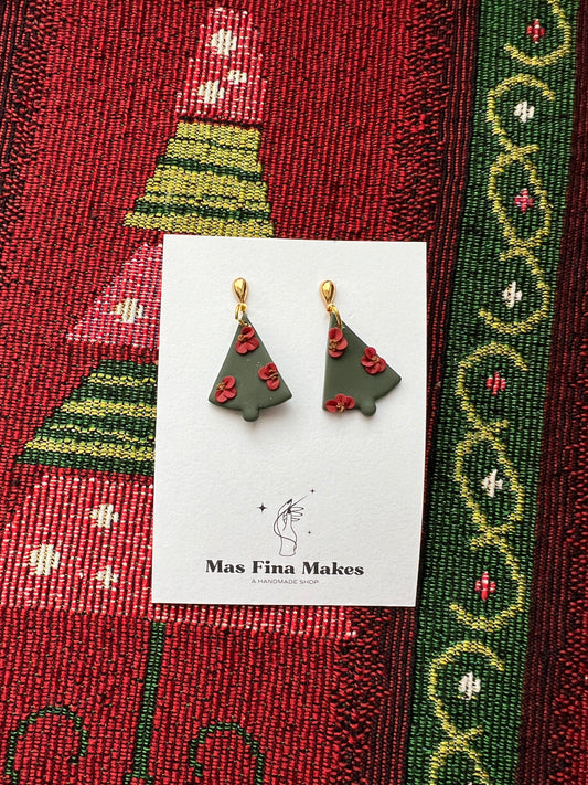 Small Xmas Trees with Red Flowers Earrings